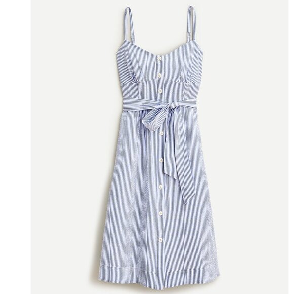 J. Crew Seersucker Striped Blue Button-Down Tie Waist Midi Dress, Size 6 - Picture 1 of 15